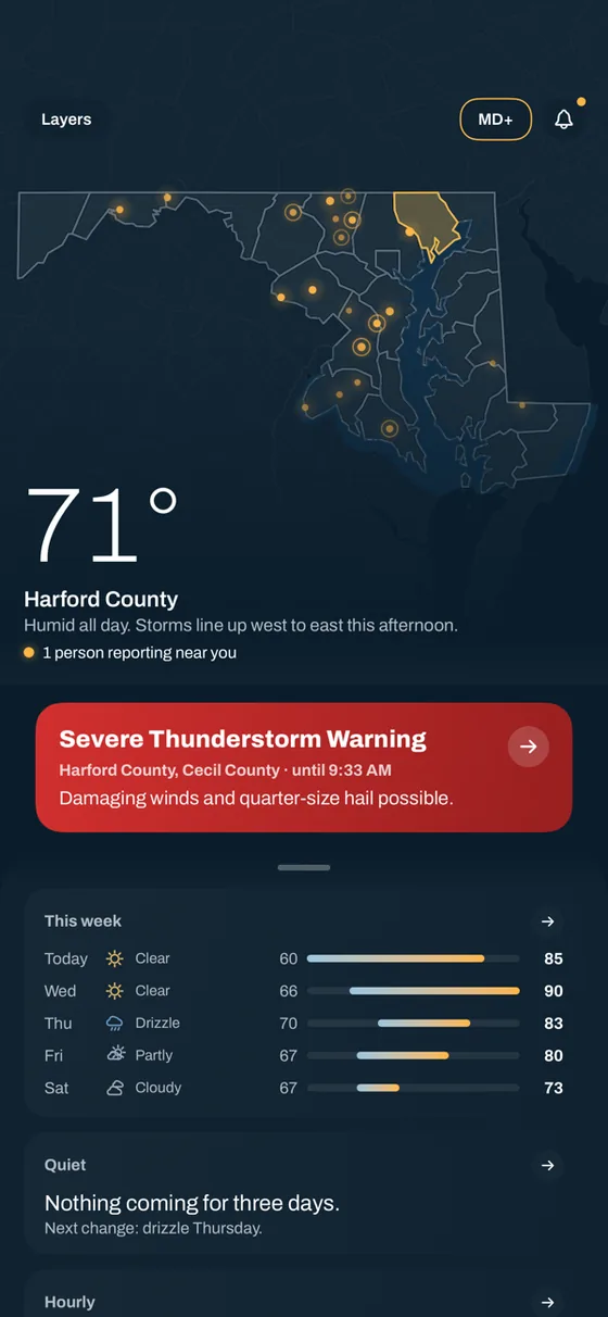 A severe thunderstorm warning for Harford County, with the week underneath