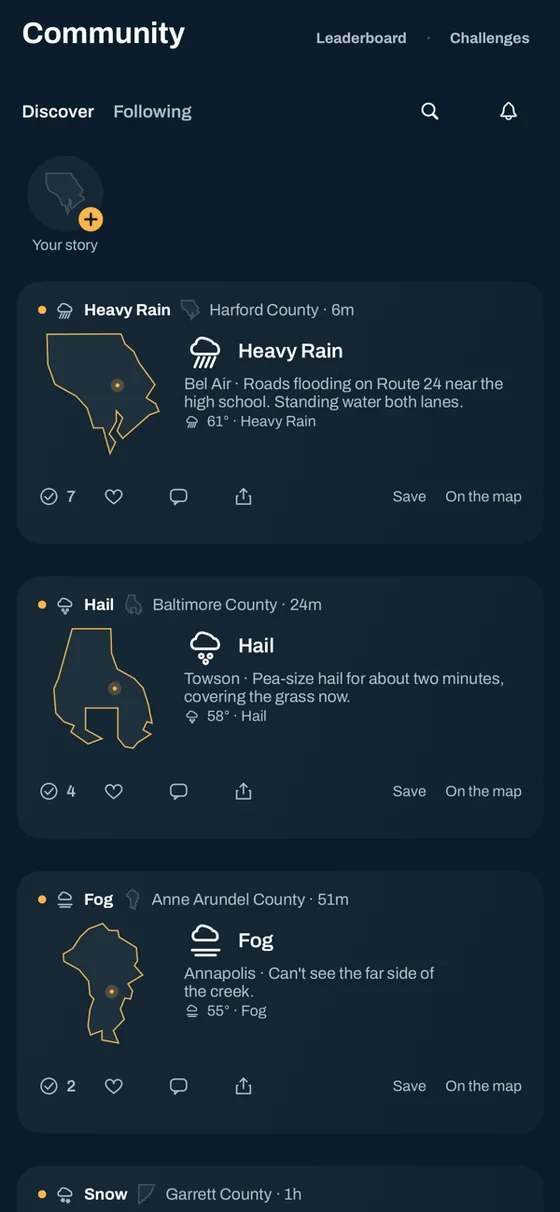 Community reports of heavy rain, hail and fog from nearby counties